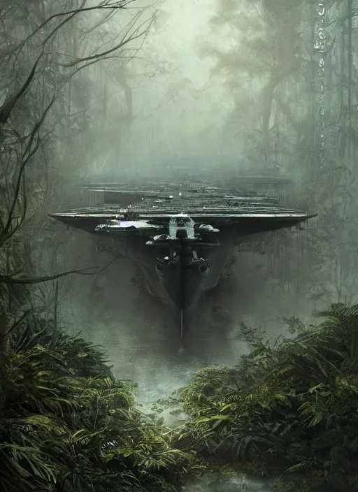 Image similar to aircraft carrier USS Nimitz overgrown with vegetation laying on the ground of a tropical forest, post appocalyptic, by Luis Royo, by Greg Rutkowski, dark, gritty, intricate, cover illustration, concept art, volumetric lighting, volumetric atmosphere, sharp focus, octane render, trending on artstation, 8k