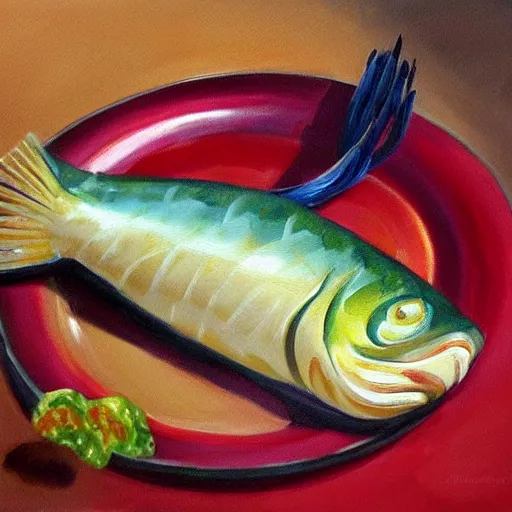 Image similar to realistic painting of a fish transforming into a sausage, presentation on a plate, mid - transform