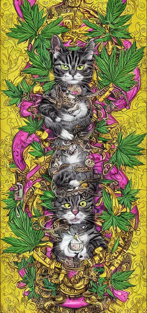Prompt: ”happy smiling cat holding a marifuana weed, marijuana leaves and joints and bongs swirling in the background, [ultra detailed, contrast, ornate and intricate, art by joe fenton]”