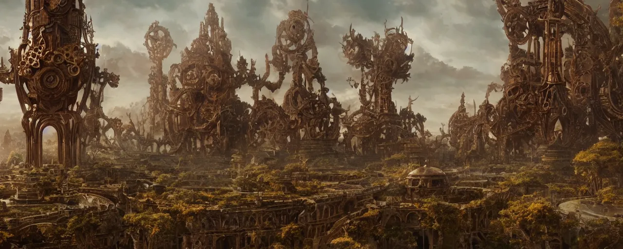Image similar to otherwordly landscape with ground made of an ornate bronze gear mechanism, [ cinematic, detailed, epic, widescreen, opening, establishing, mattepainting, photorealistic, 4 k, octane render, art by greg rutkowski ]