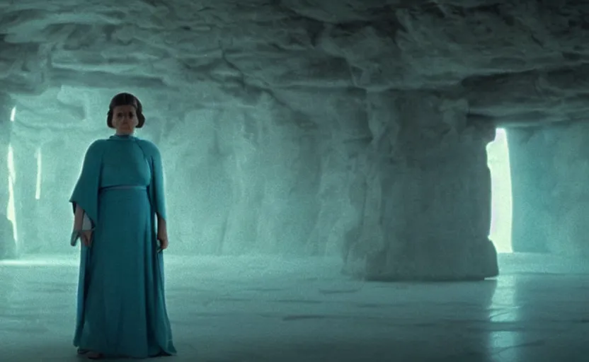 Image similar to screenshot portrait of Princess Leia alone in a teal Temple scene from the last jedi, 1980s film by Stanley Kubrick, 4k serene, iconic , photoreal portrait Carrie fischer, detailed face, moody lighting stunning cinematography, hyper detailed, sharp, anamorphic lenses, kodak color film