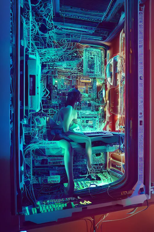 Image similar to Digital art, very highly detailed Haker that haking, siting inside the giant very highly detailed computer, by Beeple very highly Detailed by Guy Bourdin and Reka Nyari,on Pentax 67, Kodak Portra 400, soft Cyan Gold light, The Golden Ratio from the distance