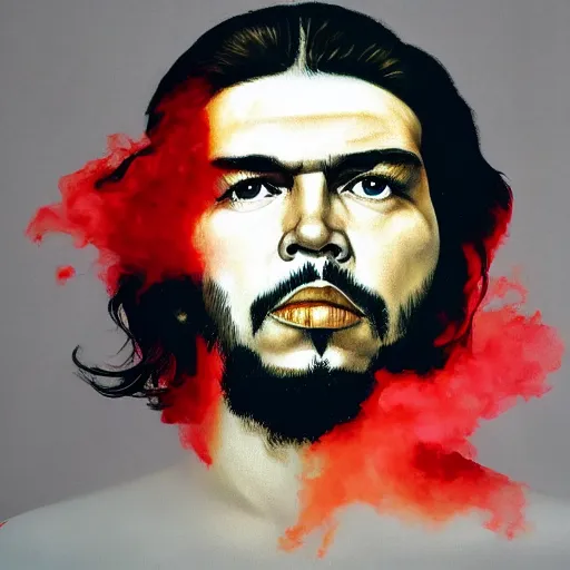 Prompt: colour masterpiece surreal closeup portrait photography of che guevara by miho hirano and annie leibovitz and michael cheval, red and grey smoke background, 8 k