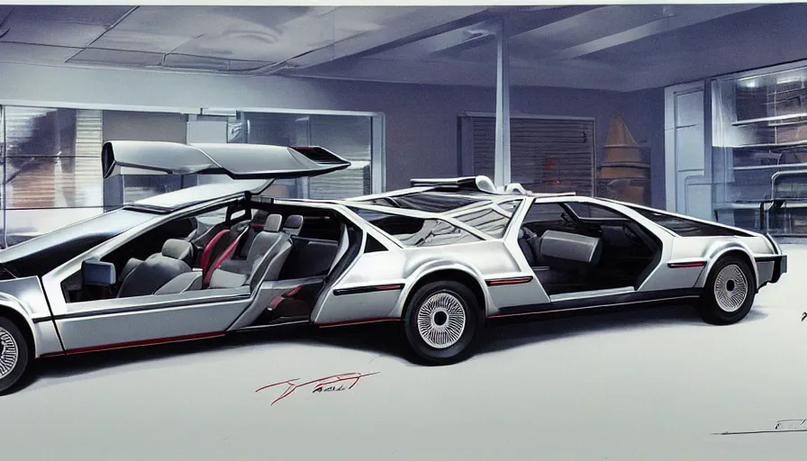 Prompt: DeLorean minivan as designed by Ford concept by Syd Mead, full color catalog print