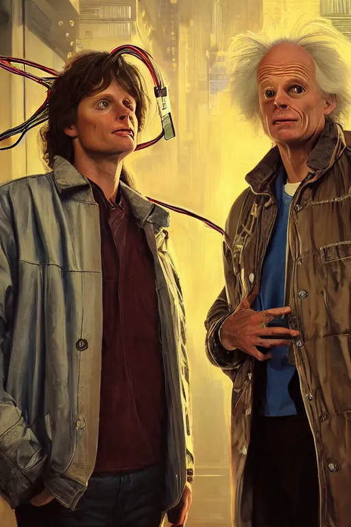 Image similar to hyperrealist portrait of marty mcfly and doc emmett brown, it is decorated with long wires and computer monitors in the cyberpunk office background. by jeremy mann and alphonse mucha, fantasy art, photo realistic, dynamic lighting, artstation, poster, volumetric lighting, very detailed faces, 8 k, award winning