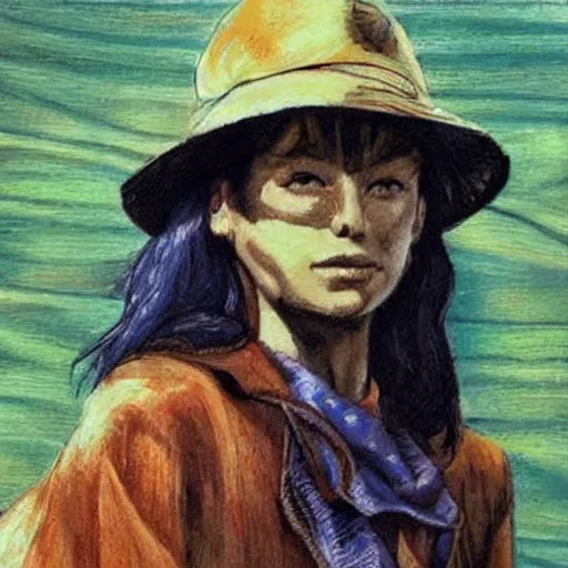 Image similar to drawing portrait of beautiful gorgeous woman with hat by Moebius science fiction