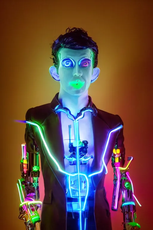 Image similar to full-body neon porcelain bladerunner style sculpture of a young handsome Italian prince as a high-fashion half-robot with a porcelain chest opening exposing a battery leaking radioactive liquid and electric sparks, glowing red laser beam eyes, crown of giant sapphires, flowing neon-colored silk, luminescent fabrics, mechanical raptors. baroque and steampunk elements. full-length view. baroque element. intricate artwork by caravaggio. Very very very very highly detailed epic photo of face. Trending on artstation, octane render, cinematic lighting from the right, hyper realism, octane render, 8k, depth of field, 3D