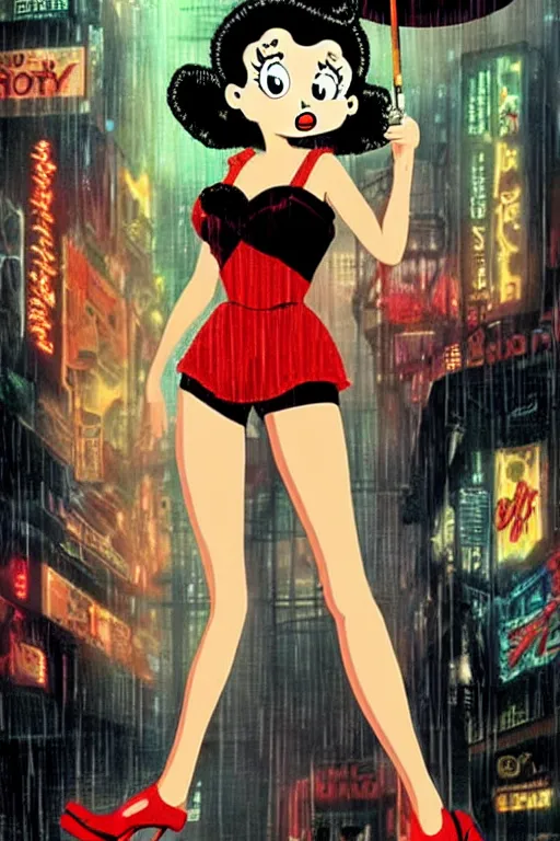 Prompt: betty boop in blade runner, smoking a cigarette holding a sword in the rain. digital art, retro cyberpunk