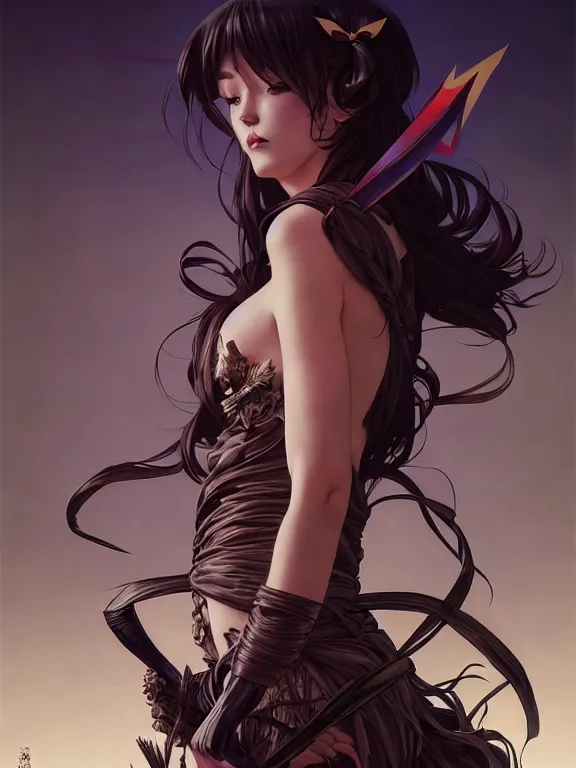 Prompt: full body picture of a monster huntress with big ribbons, bored, beautiful and aesthetic, intricate, unreal engine, messy hair, highly detailed, detailed face, smooth, sharp focus, chiaroscuro, manga illustration, artgerm, greg rutkowski, ilya kuvshinov, rossdraws, alphonse mucha, young adult light novel cover art