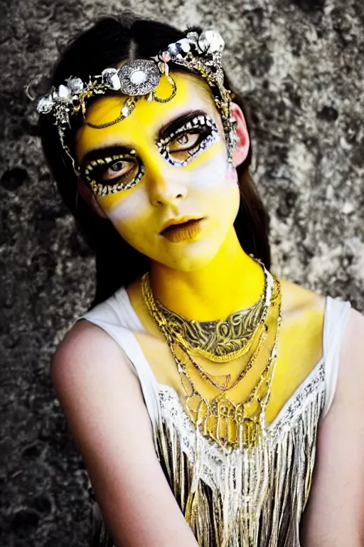 Prompt: light bohemian teen pinterest floral fantasy fashion zine photography, teen magical girl girl styled in a yellow and silver patterned bright dress layers geometric festival face paint and ornate crystal chain jewelry headpiece, elaborate enchanted ritual scene, wide shot