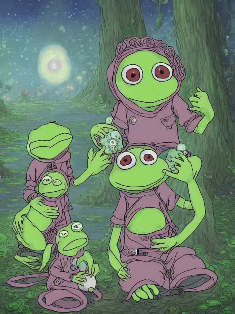 Prompt: resolution 4k wonder to the end of time pepe the frog love and family worlds of heaven rings of the world made in abyss character design Tony DiTerlizzi dream like storybooks rhymes pepe the frog sitting with this family happy together wholesome soft beneath a bioluminescent Britch tree within a sullen swamp , warm the value of love ,clear prismatic pink sky, dreaming , decedent, unnerving , disheartening , love, warm ,Luminism, prismatic , fractals , pepe the frog , art in the style of Tony DiTerlizzi , Francisco de Goya and Akihito Tsukushi and Gustave dore and Arnold Lobel