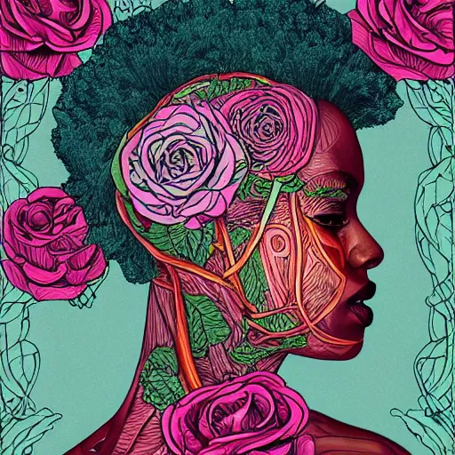 Image similar to the anatomy of a head of lettuce with roses that resemble a beautiful young african woman looking up, an ultrafine detailed illustration by james jean, intricate linework, bright colors, final fantasy, behance contest winner, vanitas, angular, altermodern, unreal engine 5 highly rendered, global illumination, radiant light, detailed and intricate environment
