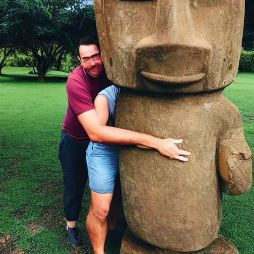 Prompt: a man hugging a giant moai statue