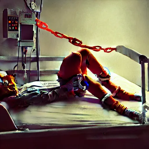 Image similar to hysterical and crazy elderly clown lying in hospital bed with wrist restraints on, restraints attached to hospital bed siderails, greg rutkowski, photograph, 8 k