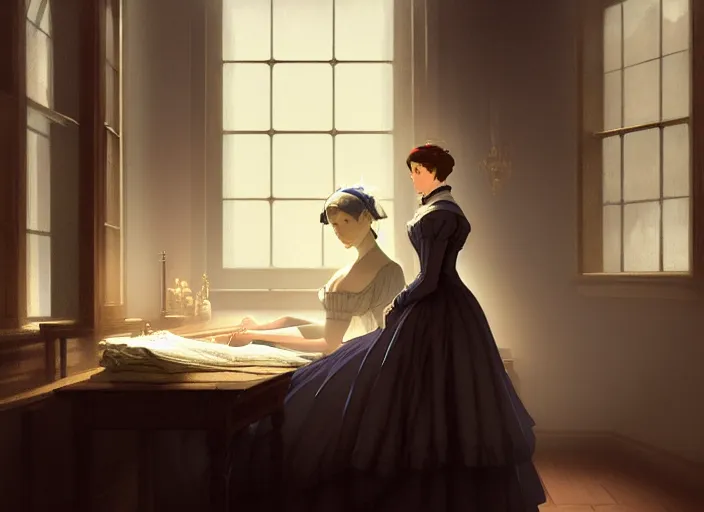 Image similar to victorian britain 1 8 3 5, adolecent florence nightingale sitting and sewing in the parlour of a english victorian manor light from a window on the right, finely detailed perfect art, gapmoe yandere grimdark, trending on pixiv fanbox, painted by greg rutkowski makoto shinkai takashi takeuchi studio ghibli