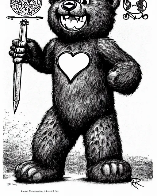 Prompt: a care bear as a d & d monster, on square background, pen - and - ink illustration, etching, by russ nicholson, david a trampier, larry elmore, 1 9 8 1, hq scan, intricate details, high contrast