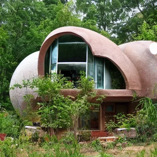 Prompt: beautiful overgrown modern Earthship home made from clay cob with permaculture garden