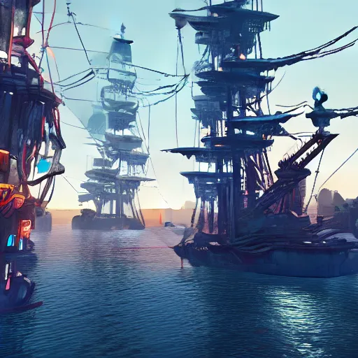 Image similar to high quality photo of a pirate ship in a cyberpunk cyberpunk cyberpunk city, realism, 8k, award winning photo