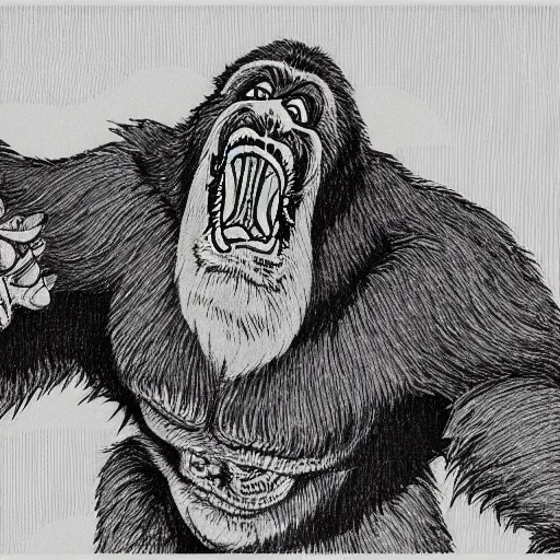Prompt: King Kong, illustrated by Hokusai, intricate, ultra detailed, trending on artstation, 4k, 8k