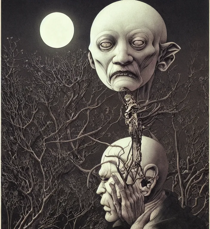 Prompt: old white - headed man under the huge moon on a street of ruined city full of flowers by beksinski and takato yamamoto and austin osman spare and edward hopper and mark ryden and tsutomu nihei, very coherent, baroque elements, perfect anatomy, intricate design. surreal art. pop art.