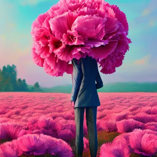 Prompt: giant carnation flower head, frontal, girl in a suit, surreal photography, sunrise, dramatic light, impressionist painting, digital painting, artstation, simon stalenhag