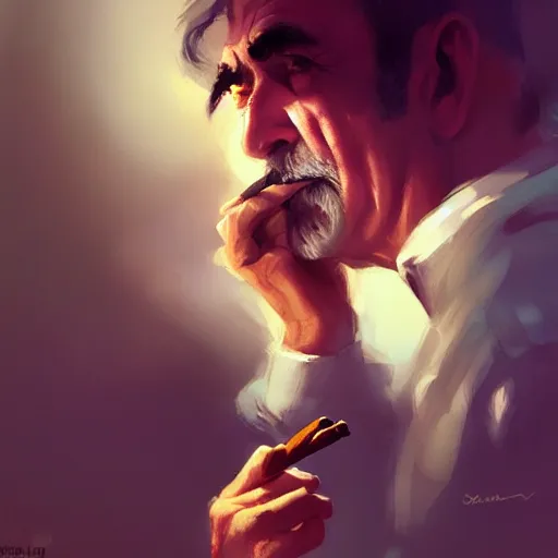 Image similar to portrait of sean connery smoking a cigar, 4 k, concept art, by wlop, ilya kuvshinov, artgerm, krenz cushart, greg rutkowski, pixiv. cinematic dramatic atmosphere, sharp focus, volumetric lighting, cinematic lighting, studio quality