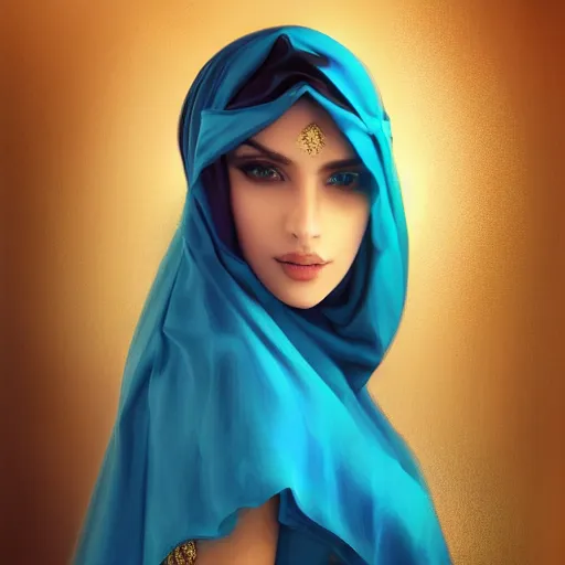 Prompt: detailed photograph of a beautiful young Arab woman wearing a blue dress with veil by Stanely Artgerm, bright blue eyes, gold jewelry, long pearly wavy black hair, majestic, beauty, dramatic light, turquoise color scheme, face portrait, hyper-realistic, fantasy, hdr, Trending on Artstation