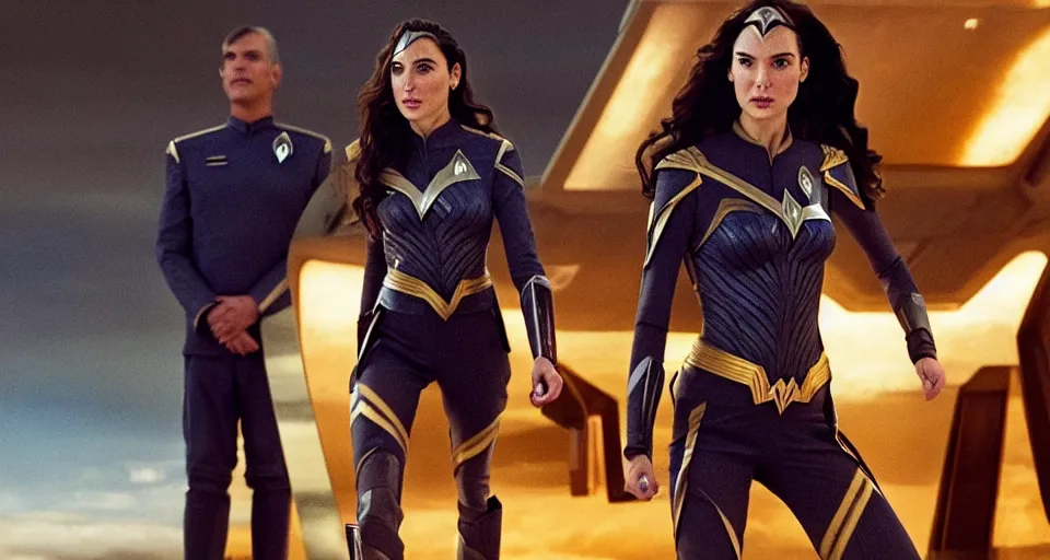 Image similar to Gal Gadot, in full starfleet uniform, is the captain of the starship Enterprise in the new Star Trek movie