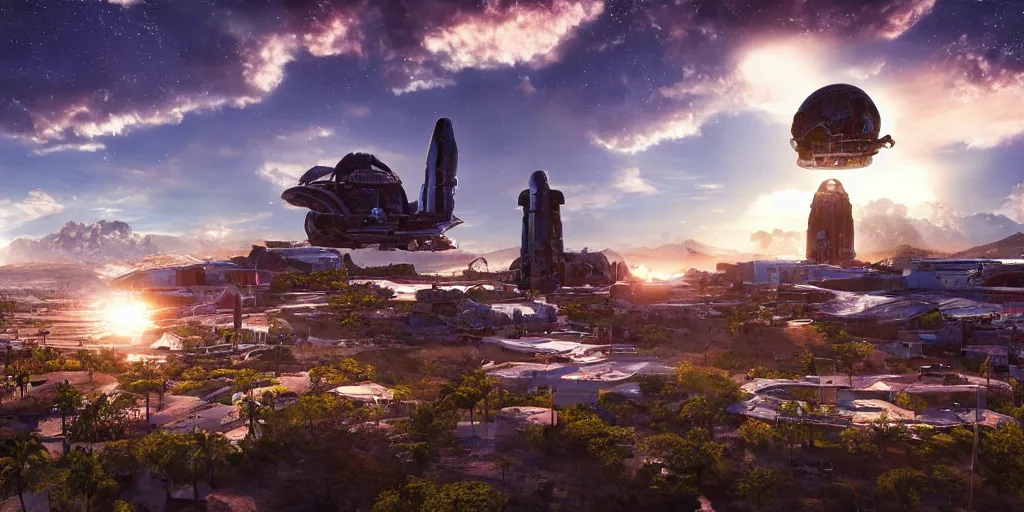 Image similar to tehotihuacan, with a giant space ship in the sky, unreal 5, hyperrealistic, realistic, photorealistic, dynamic lighting, highly detailed, cinematic landscape, studio landscape, studio lighting