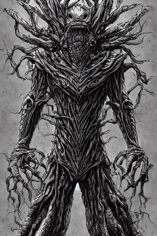 Image similar to armoured tree humanoid monster, symmetrical, highly detailed, digital art, tree armour, sharp focus, trending on art station, kentaro miura manga art style