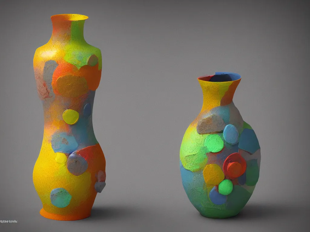 Prompt: a vase, thermoplastic - elastomer, abstract sculpture, retro - vintage, neo soul, mixed media with claymorphism, matte color palette, designed by artstationhq, retro, 3 - dimensional, gouache 3 d shading, tilt shift, low fi,