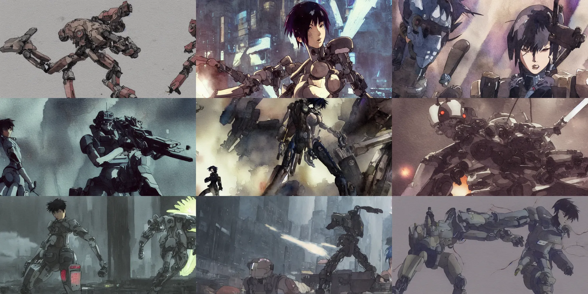 Prompt: incredible screenshot, simple watercolor, masamune shirow ghost in the shell movie scene close up broken Kusanagi tank battle, brown mud, dust, titanic tank with legs, robot arm, ripped to shreds, wide eyes shocked expression, karate kick , laser wip, lightning rollerblades, light rain, shinjuku, cherry blossom, hd, 4k, remaster, dynamic camera angle, deep 3 point perspective, fish eye, dynamic scene