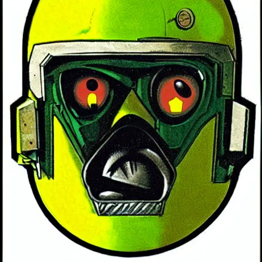 Prompt: portrait of a mutant chronicles bauhaus doomtrooper, wearing green battle armor, a yellow smiley sticker centered on helmet, by jean giraud