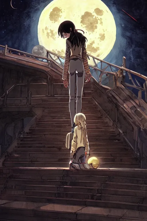 Image similar to a full moon containing the blood and battle glimmering stairways to otherworldly galaxies, high intricate details, rule of thirds, golden ratio, cinematic light, anime style, graphic novel by fiona staples and dustin nguyen, by beaststars and orange, peter elson, alan bean, studio ghibli, makoto shinkai