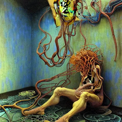 Image similar to realistic extremely detailed portrait painting of a bizarre creature sitting in the corner of an abandoned house, futuristic sci-fi landscape on background by Jean Delville, Amano, Yves Tanguy, Alphonse Mucha, Ernst Haeckel, Edward Robert Hughes, Roger Dean, rich moody colours, blue eyes