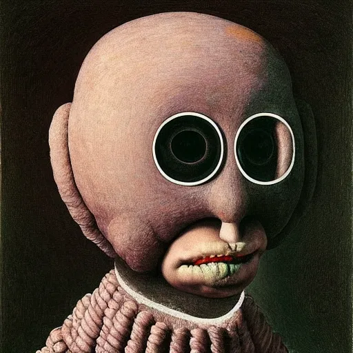 Prompt: portrait photo of a wool sock with giant eyes, face made from unfulfilled dreams, extremely high details, realistic, by Giuseppe Arcimboldo, Edward Hopper, Rene Margitte, Escher