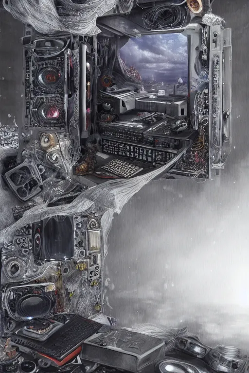 Image similar to the inside of a computer by mahmoud farshchian, mia brownell, very detailed, maximalism, ambient occlusion, volumetric light, atmospheric haze, hyper realism, realistic shading, cinematic composition, realistic render, photorealistic, wide shot