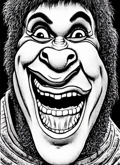 Image similar to portrait of shrek laughing, intricate, highly detailed, illustration, art by junji ito, junji ito