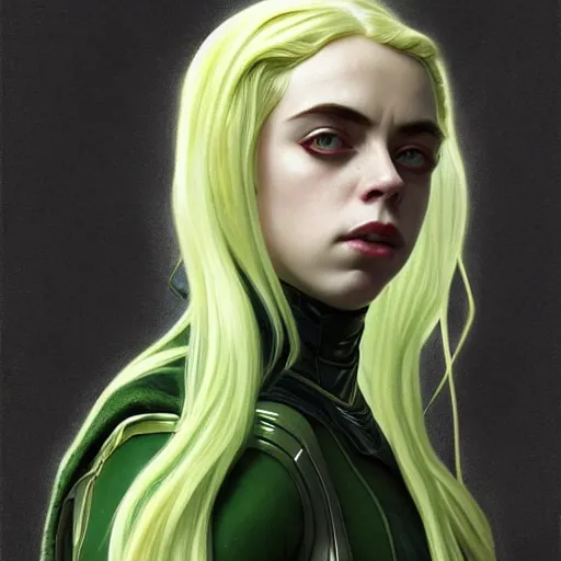 Image similar to Billie Eilish as Female Loki, very detailed, digital art, trending on artstation, concept art, smooth, illustration, art by artgerm and greg rutkowski and alphonse mucha and J. C. Leyendecker and Edmund Blair Leighton and Katsuhiro Otomo and Geof Darrow and Phil hale and Ashley wood