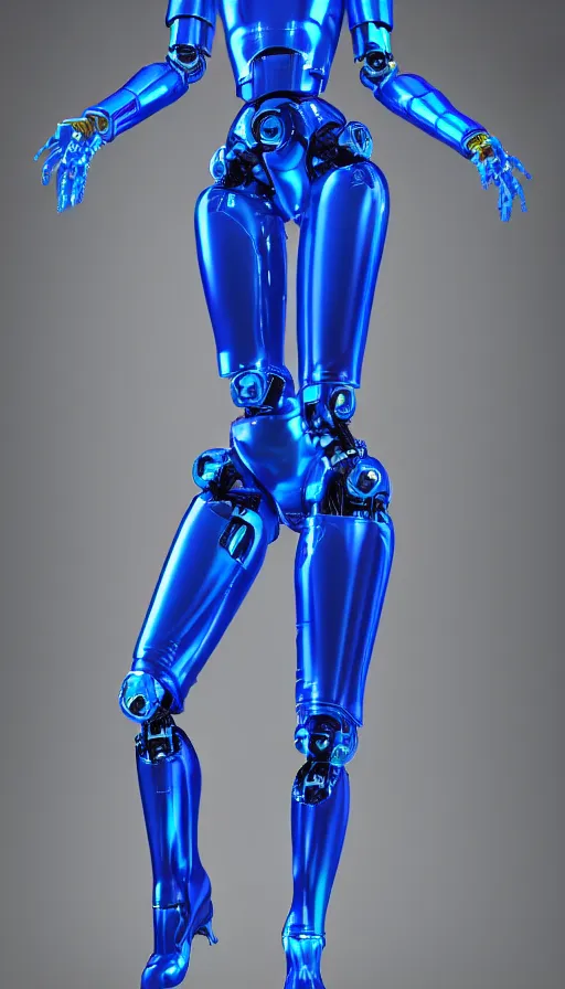 Prompt: a beautiful female robot human hybrid wearing a blue latex jumpsuit, circuitry glowing through the suit like tron, face, torso, legs, feet, full body epic angle, octane render, photo realistic, hyper realistic, 8 k resolution in the style of alvin schwartz