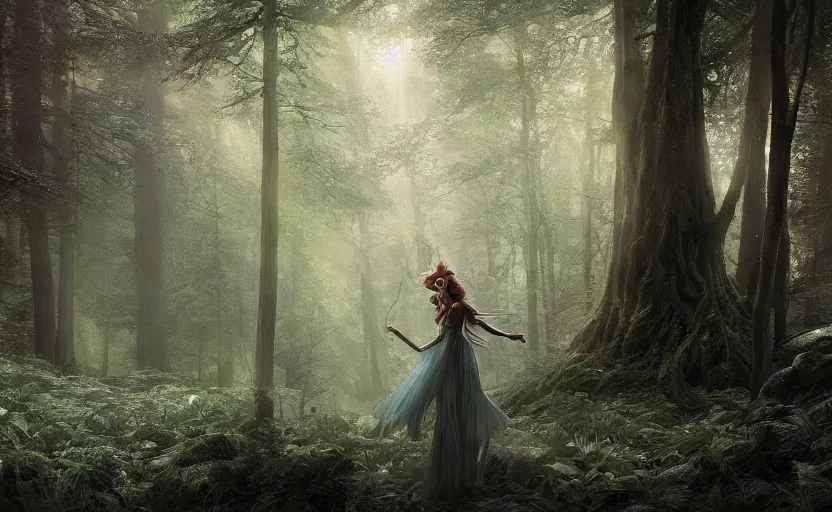 Image similar to a joyful fairy princess, in a dark forest, telephoto, cool tones, underexposed, overecast, mysterious matte painting by greg rutkowski and marc simonetti and ivan shishkin, 4 k