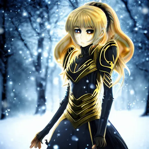 Image similar to focus face portrait of beautiful darkness knight 3D anime girl, golden armor wearing, dark forest background, snowing, bokeh, inspired by Masami Kurumada, digital painting, high contrast, unreal engine render, volumetric lighting, high détail