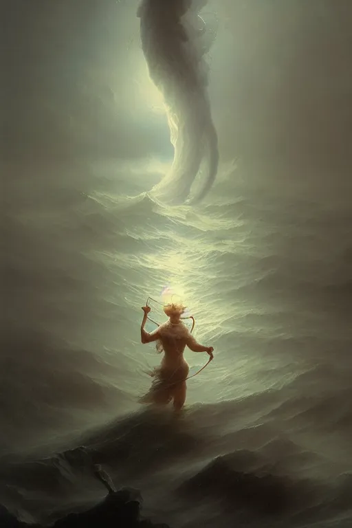 Image similar to A stunning detailed water deity by Ivan Aivazovsky, Peter Mohrbacher , Greg Rutkowski, stormy ocean, beautiful lighting, full moon, detailed swirling water tornado, artstation