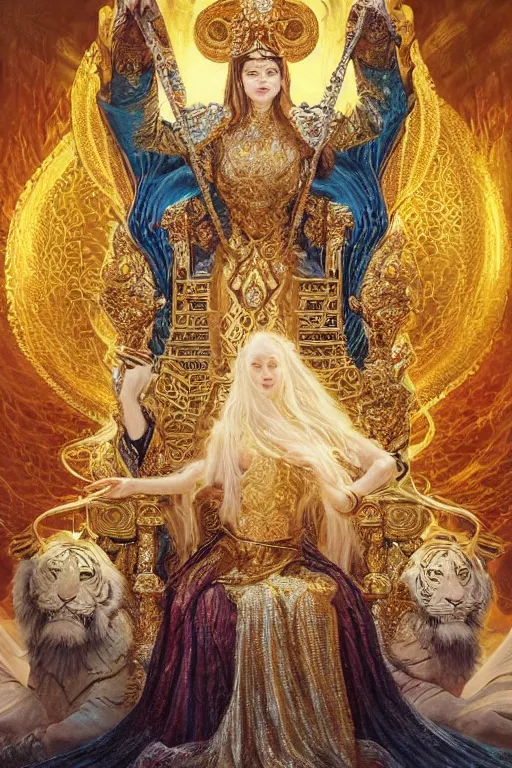 Prompt: ultradetailed painting of a beautiful empress on a throne made of waves and ice with a single grand white and gold tiger guardian by Karol Bak, volumetric lighting, tarot card