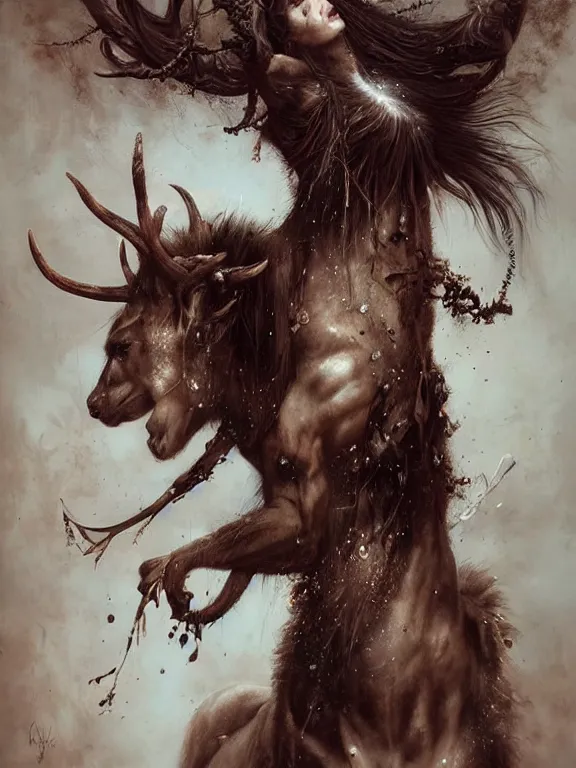 Image similar to a splatterpunk portrait of a gorgeous centaur with ebony antlers and sepia-toned fur, hyperrealistic, award-winning, in the style of Tom Bagshaw, Cedric Peyravernay, Peter Mohrbacher
