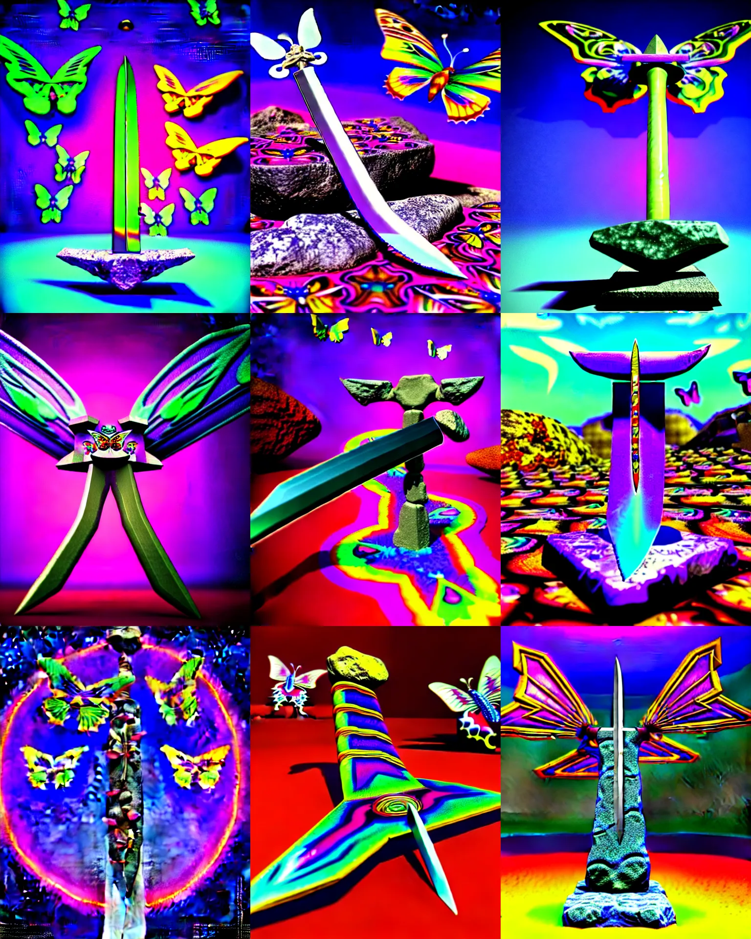 Prompt: 3 d render of mythic sword blade embedded in a stone with a psychedelic surreal background with 3 d butterflies and 3 d flowers n the style of 1 9 9 0's cg graphics, lsd dream emulator psx, 3 d rendered y 2 k aesthetic by ichiro tanida, 3 do magazine, wide shot