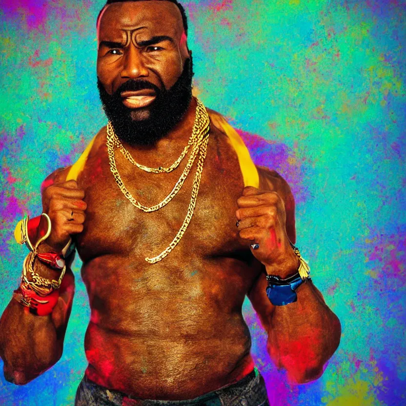 Prompt: mr. t pitying all the fools, hyper color, stylized photo, gold chains, digital art