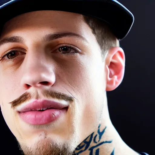 Image similar to pete davidson with a mustache and a black baseball hat, closeup photo