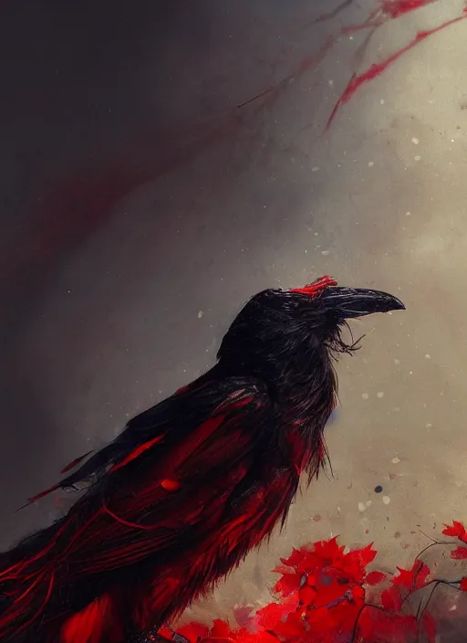 Image similar to red and golden color details, portrait, A crow with red eyes in front of the full big moon, book cover, red details, red white black colors, establishing shot, extremly high detail, foto realistic, cinematic lighting, by Yoshitaka Amano, Ruan Jia, Kentaro Miura, Artgerm, post processed, concept art, artstation, raphael lacoste, alex ross, portrait, A crow with red eyes in front of the full big moon, book cover, red roses, red white black colors, establishing shot, extremly high detail, photo-realistic, cinematic lighting, by Yoshitaka Amano, Ruan Jia, Kentaro Miura, Artgerm, post processed, concept art, artstation, raphael lacoste, alex ross