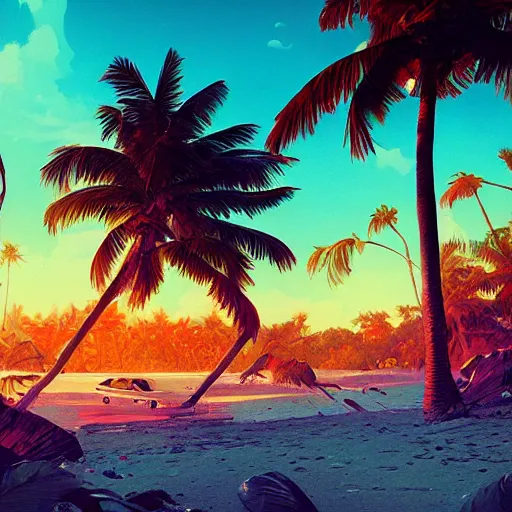 Image similar to a tropical beach at golden hour by james gilleard and liam wong and jeremy mann, extra wide angle